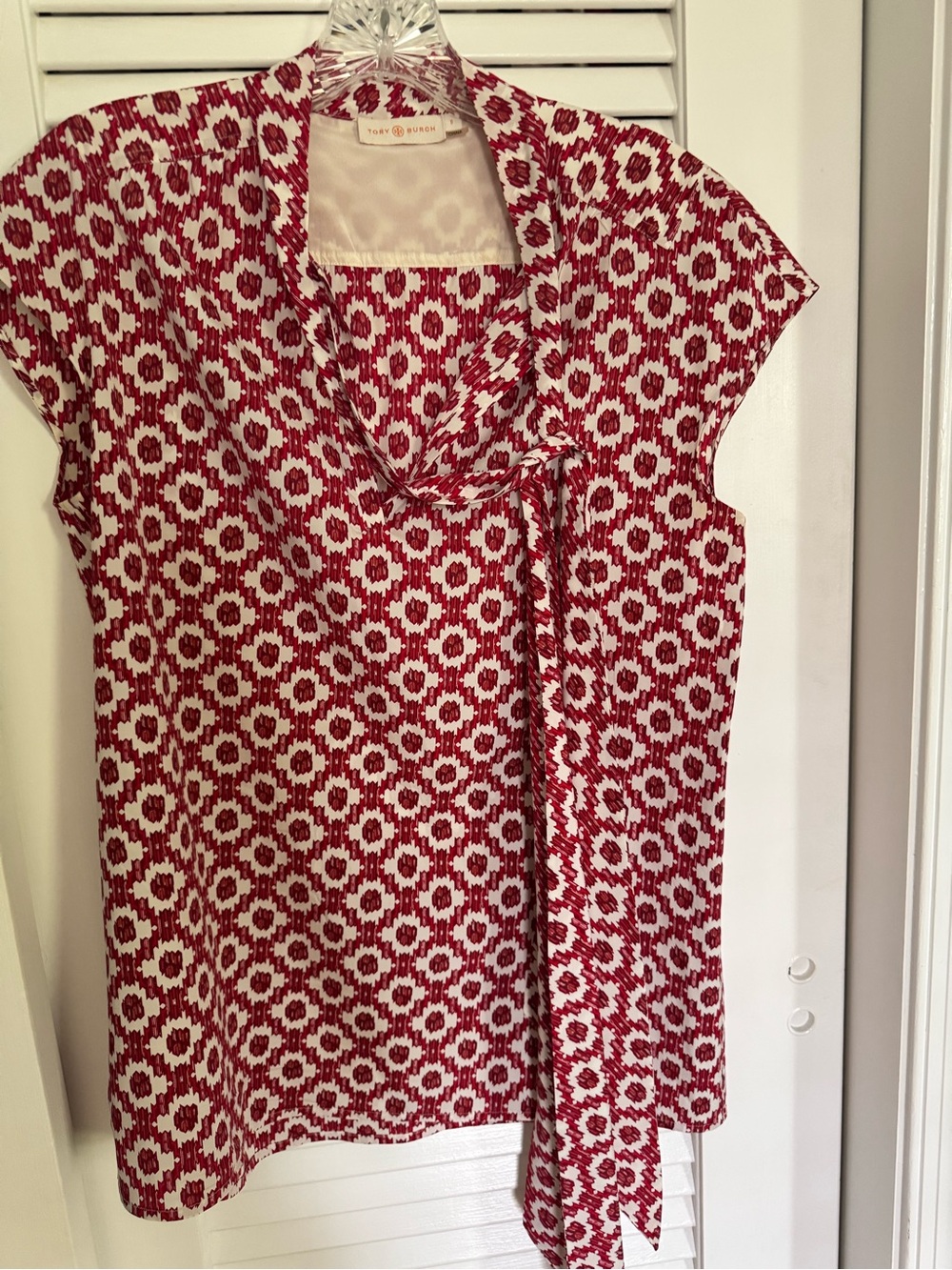 Tory Burch Red and White Patterned Tie-Neck Blouse